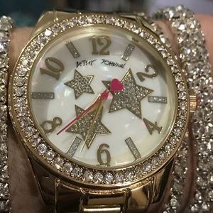Glitzy Betsey Johnson Gold Tone Watch with Stars Pink Second Hand and Pink Dial